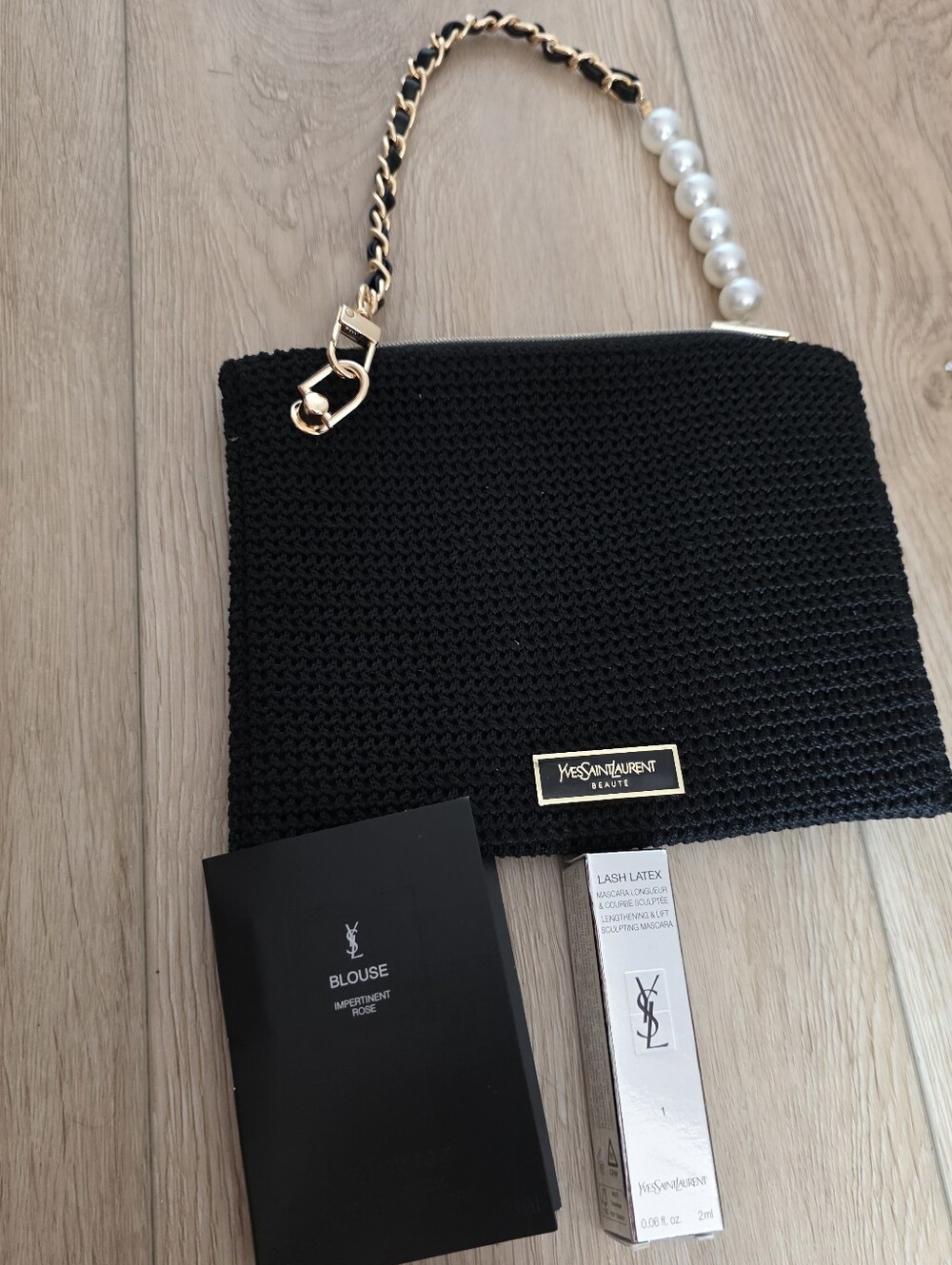 Ysl Beauty Clutch black Crochet Pouch Zip Bag + 2 Samples With Pearl Chain Strap